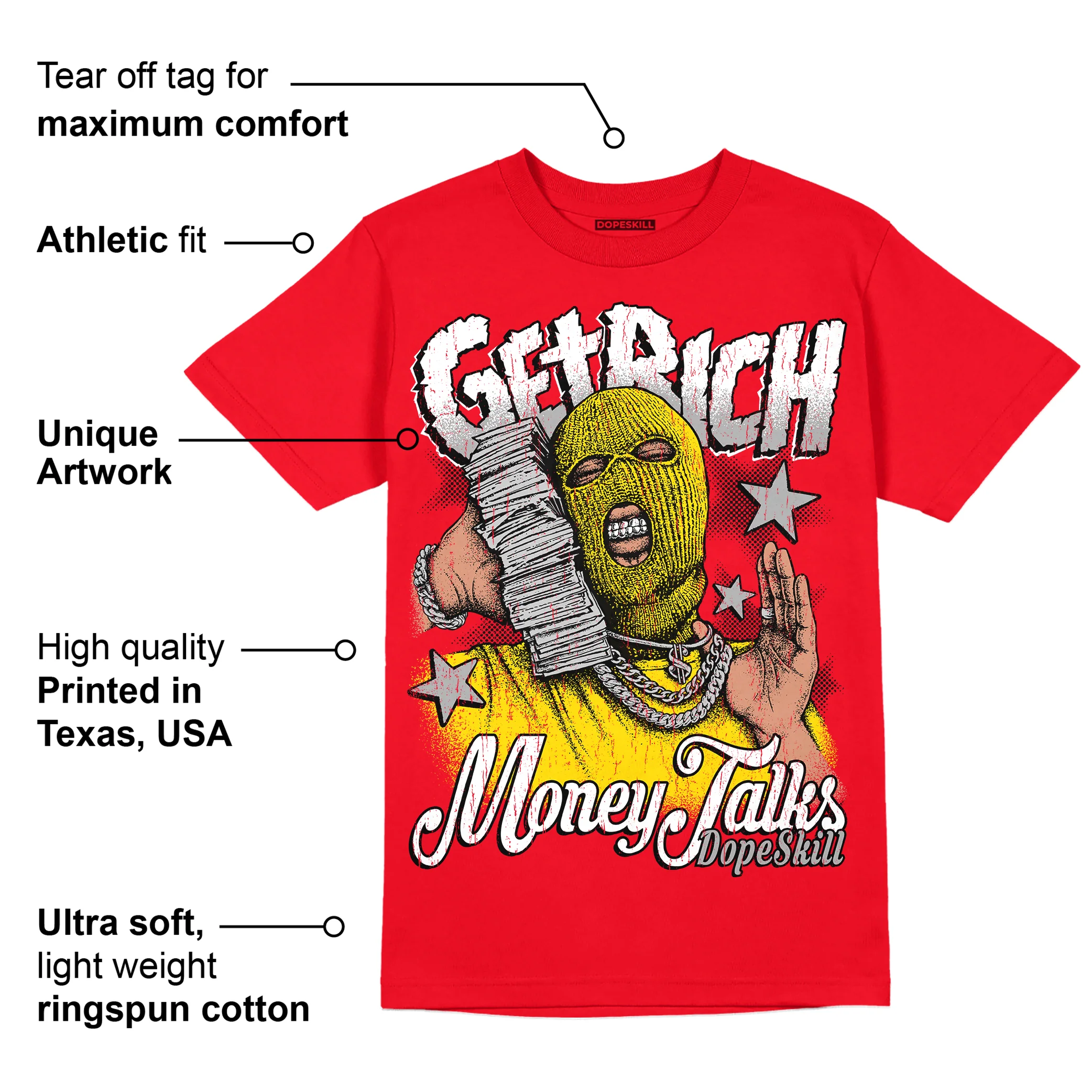 Red Thunder 4s DopeSkill Red T-shirt Get Rich Graphic - Image 2