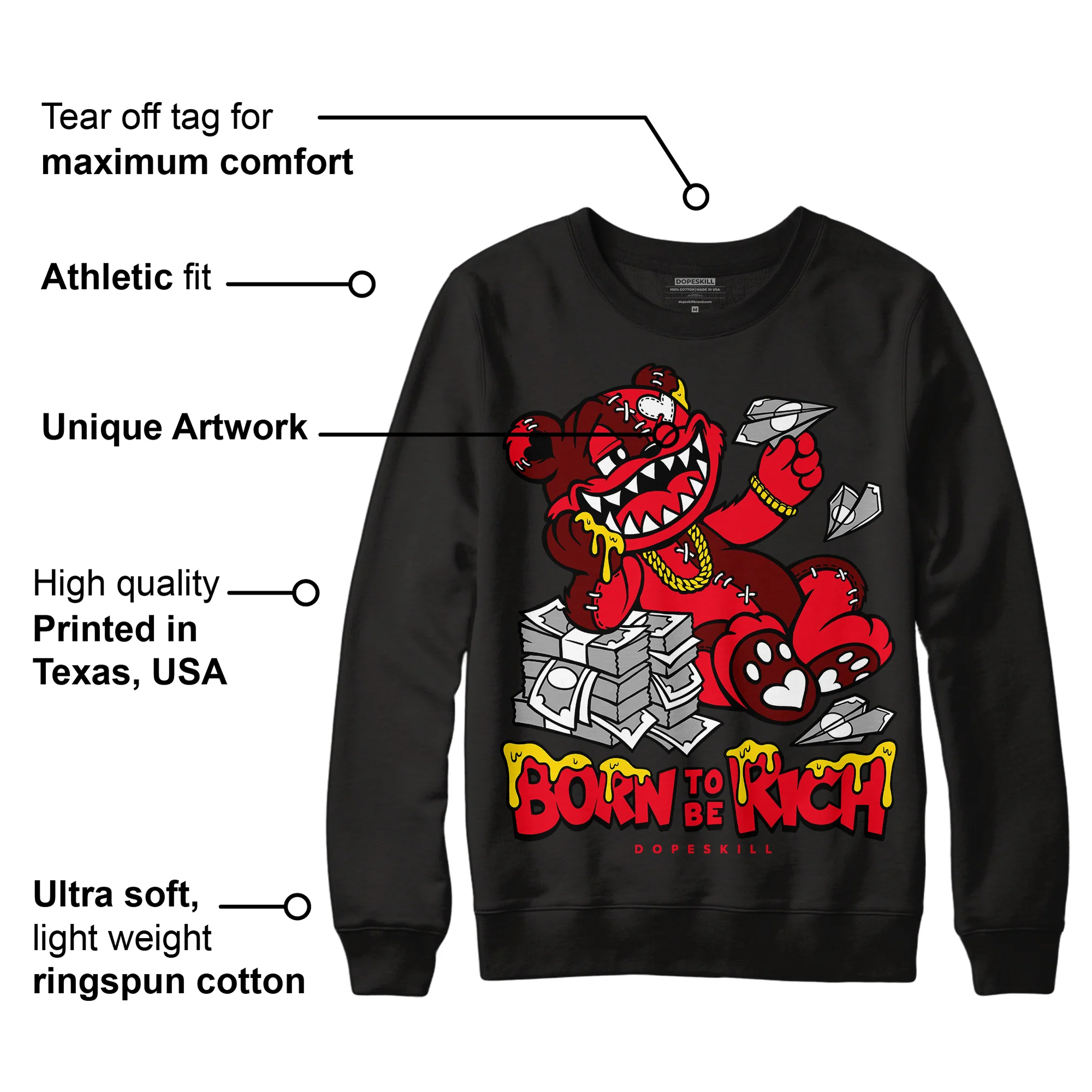 Red Thunder 4s DopeSkill Sweatshirt Born To Be Rich Graphic - Image 3