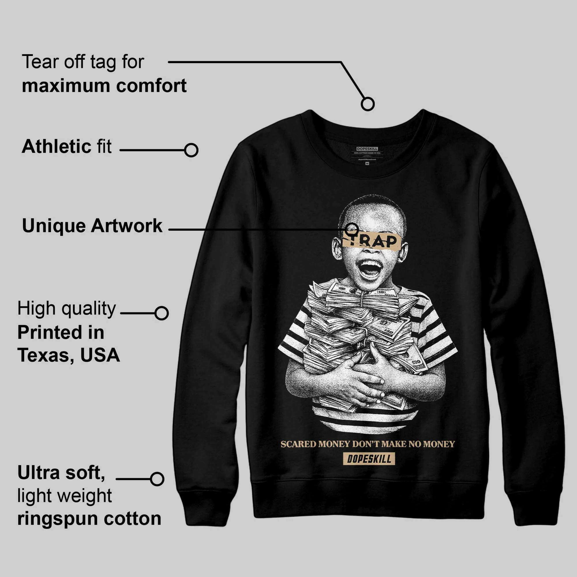 TAN 'Scared Money Don't Make No Money' DopeSkill Graphic Sweatshirt - Image 3
