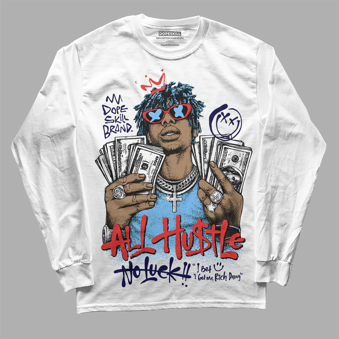 University Blue 'All Hustle No Luck' DopeSkill Graphic Long Sleeve T-Shirt