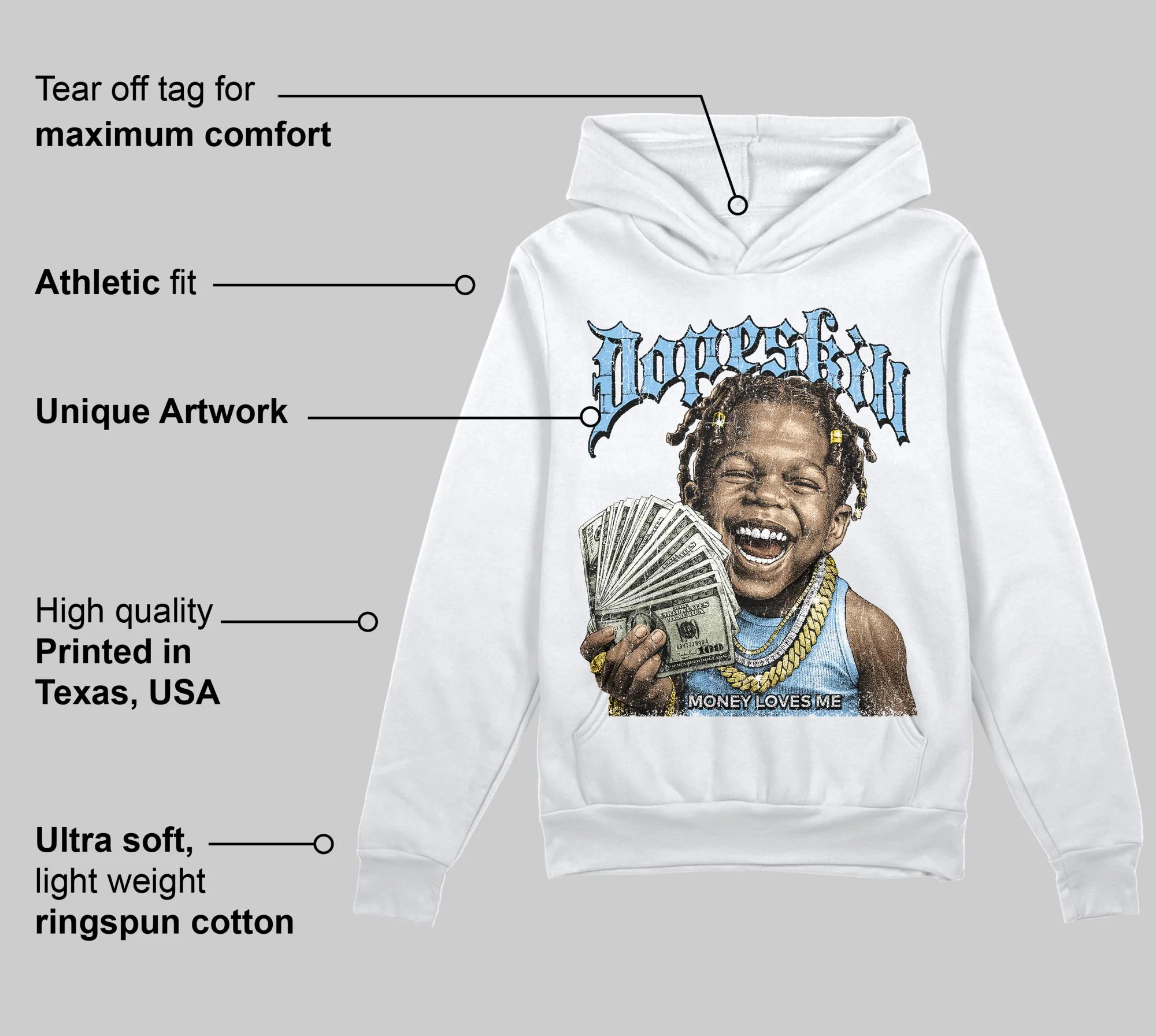 University Blue 'Money Loves Me' DopeSkill Graphic Hoodie - Image 3