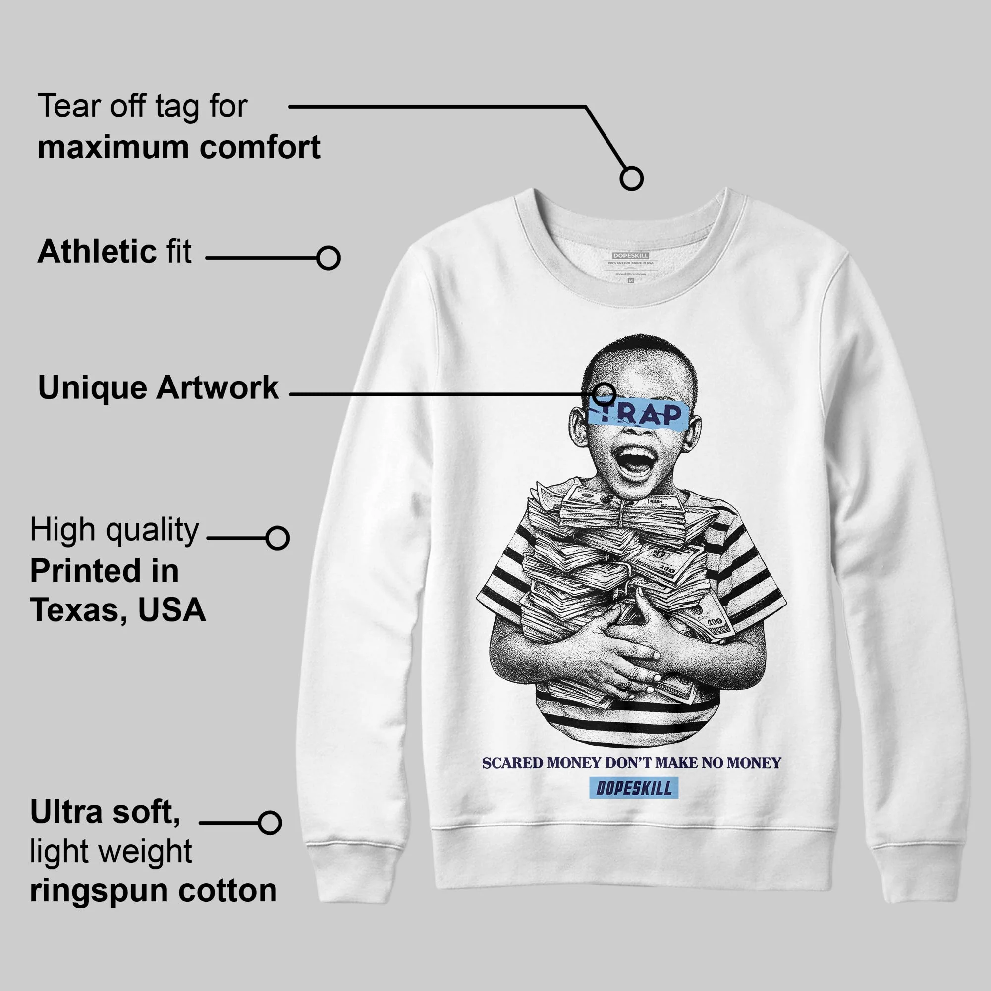 University Blue 'Scared Money Don't Make No Money' DopeSkill Graphic Sweatshirt - Image 3