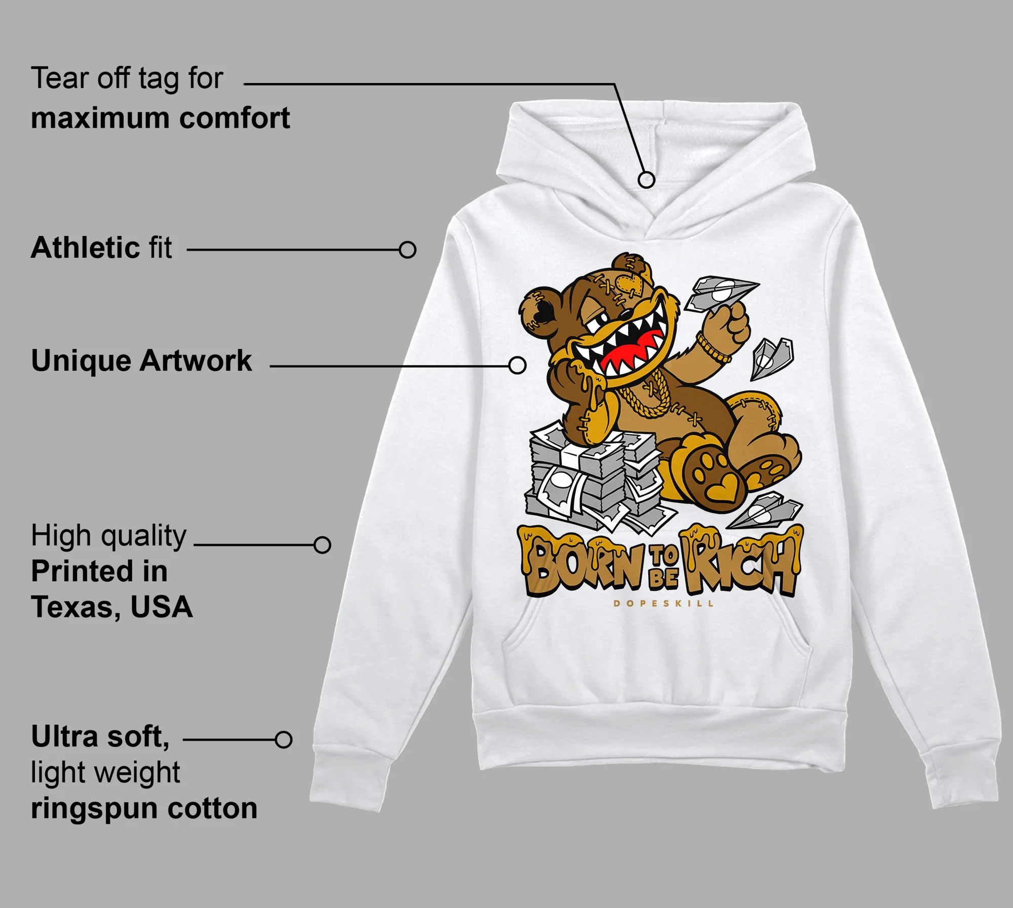 Wheat 13s DopeSkill Hoodie Sweatshirt Born To Be Rich Graphic - Image 3