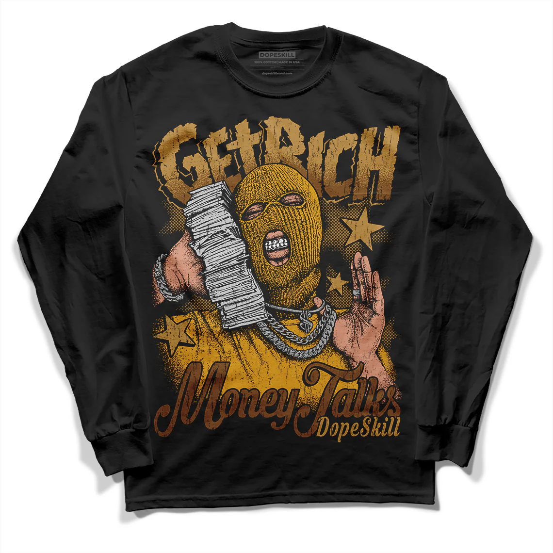 Wheat 13s DopeSkill Long Sleeve T-Shirt Get Rich Graphic - Image 2