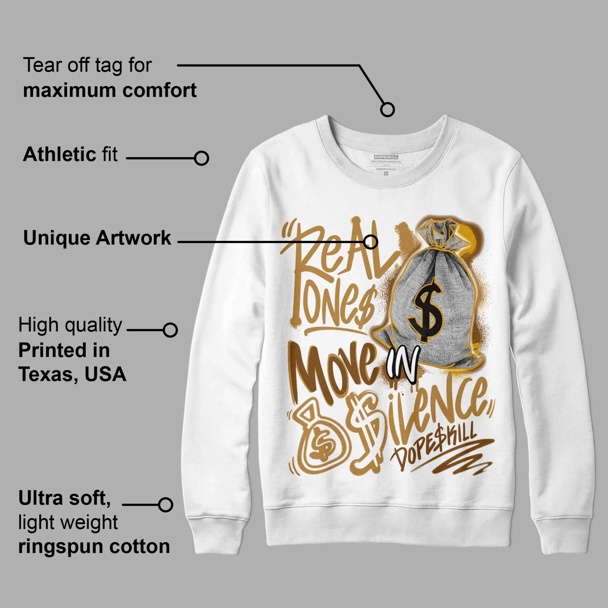 Wheat 13s DopeSkill Sweatshirt Real Ones Move In Silence Graphic - Image 3