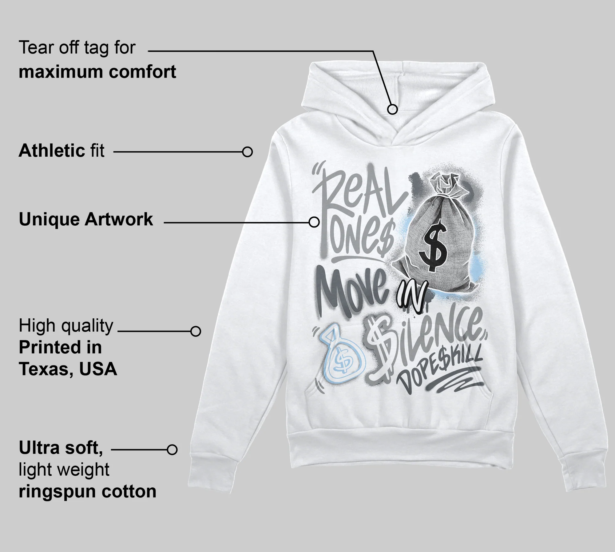 Wolf Grey 5s DopeSkill Hoodie Sweatshirt Real Ones Move In Silence Graphic - Image 5