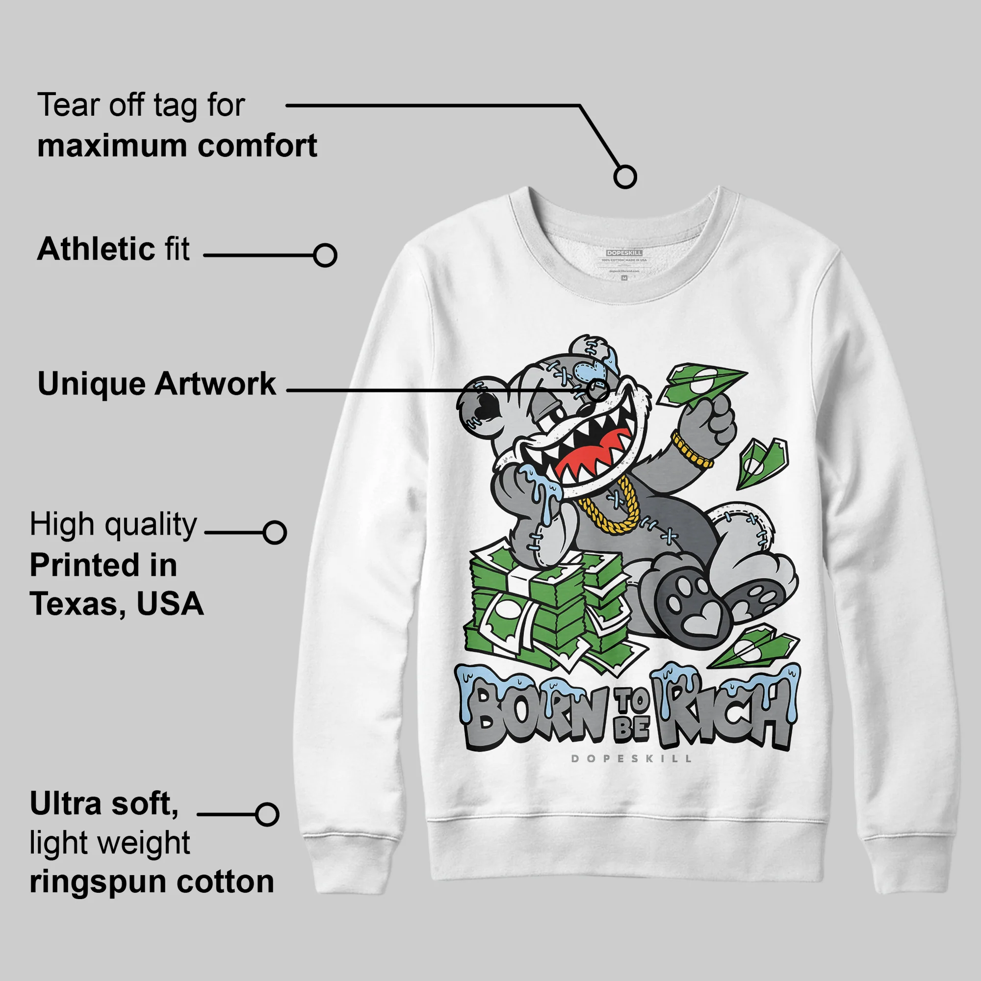 Wolf Grey 5s DopeSkill Sweatshirt Born To Be Rich Graphic - Image 3