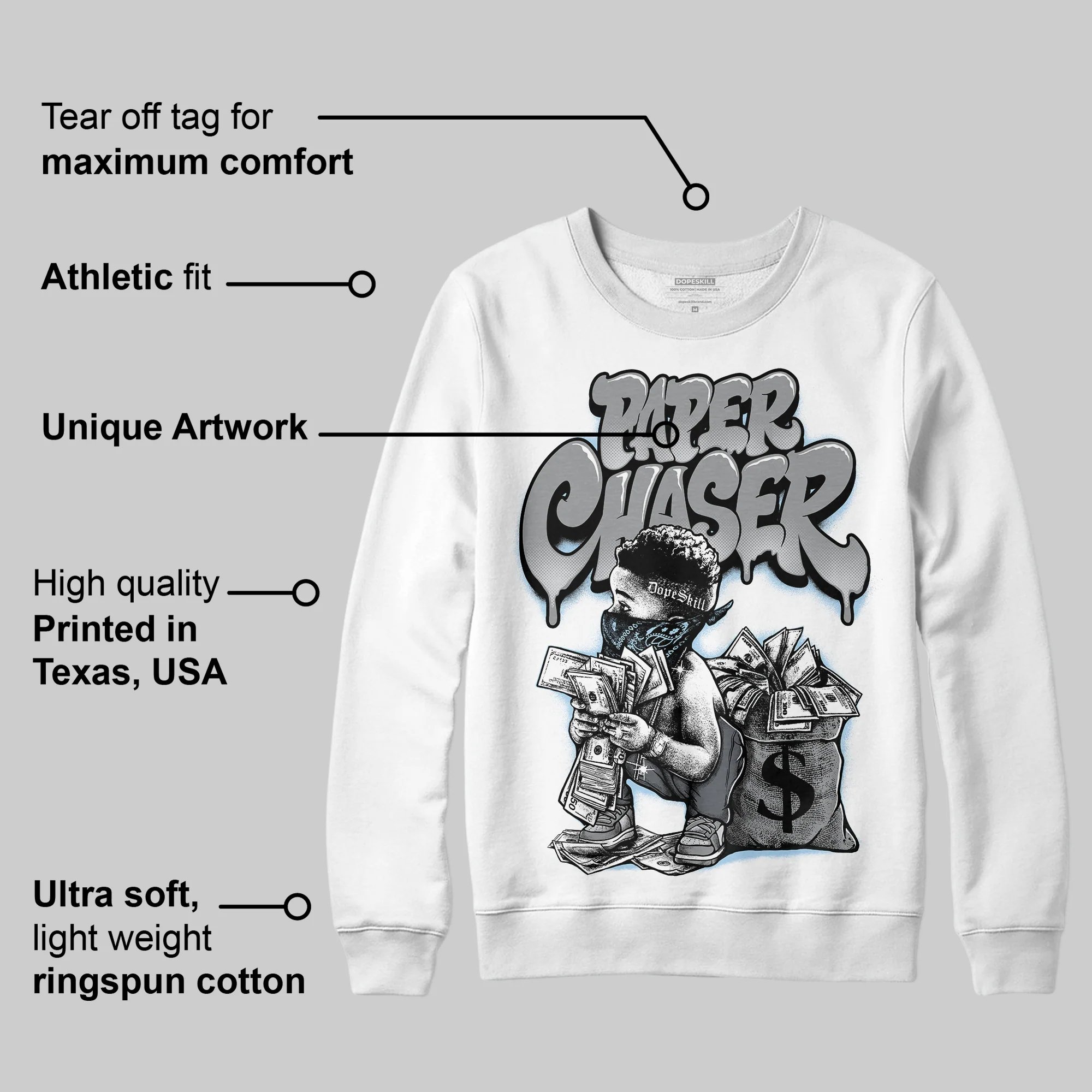 Wolf Grey 5s DopeSkill Sweatshirt Paper Chaser Boy Graphic - Image 5