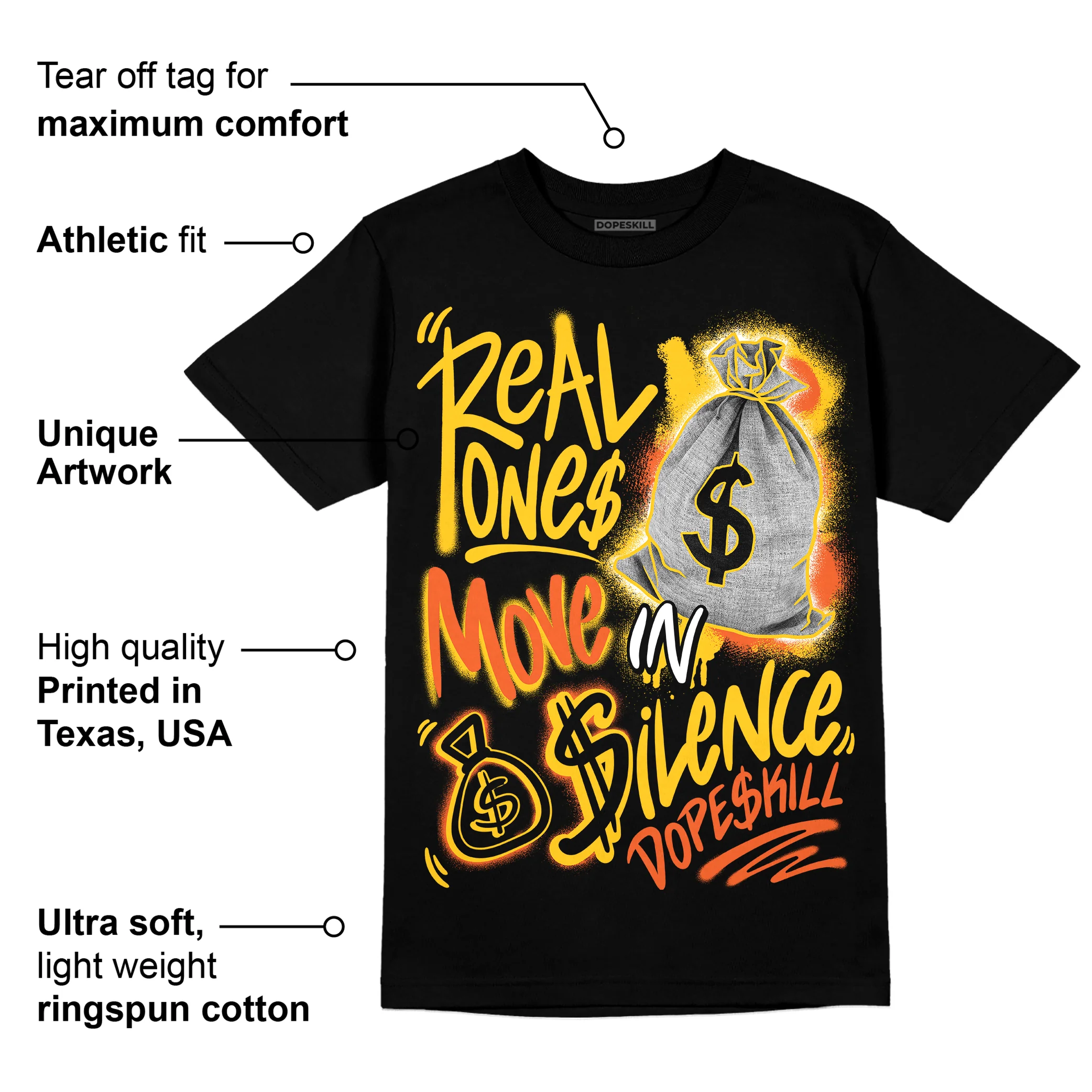 Yellow Collection DopeSkill T-Shirt Real Ones Move In Silence Graphic - Image 3